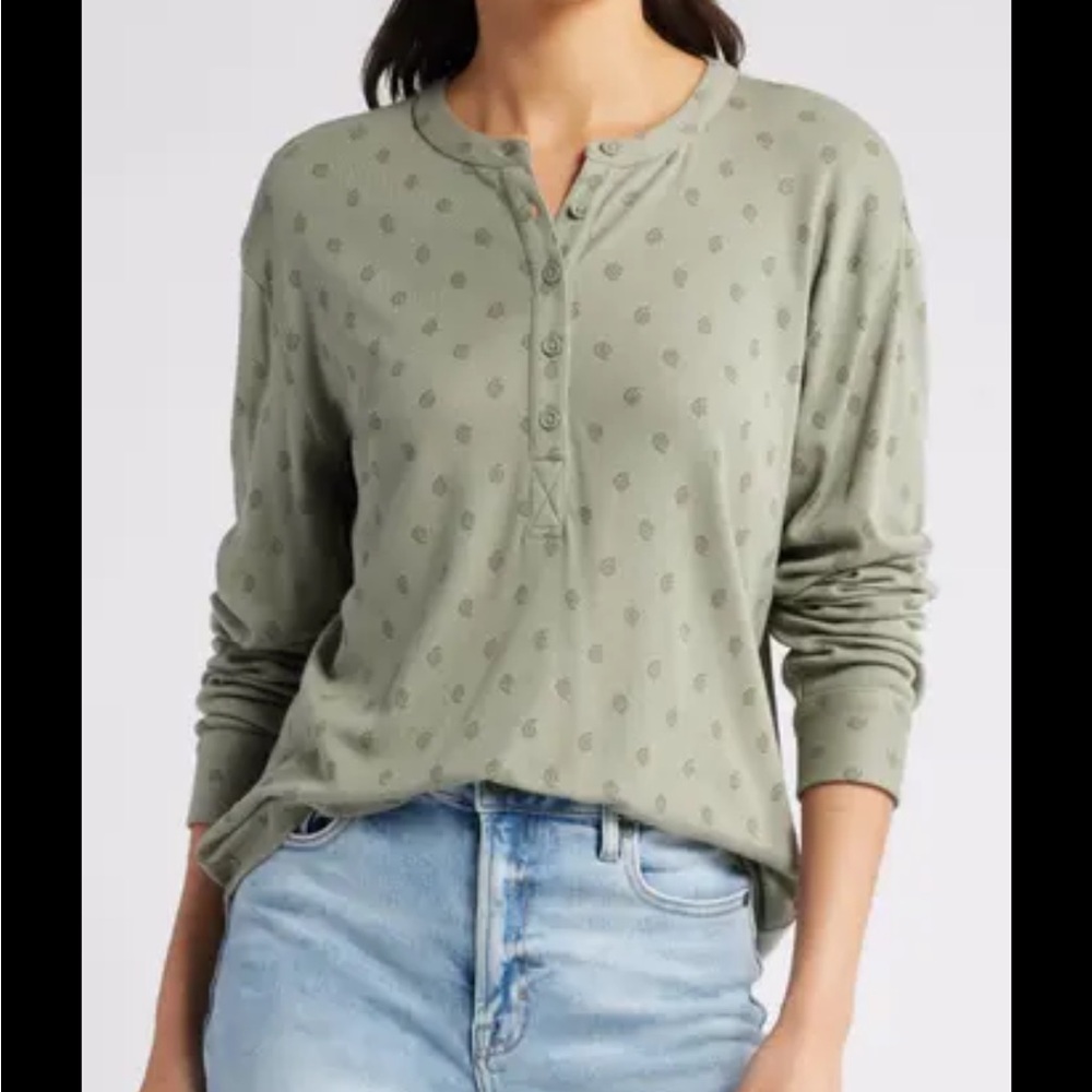 Treasure & Bond Green Olive Henley Boxy Long Sleeve Shirt XS